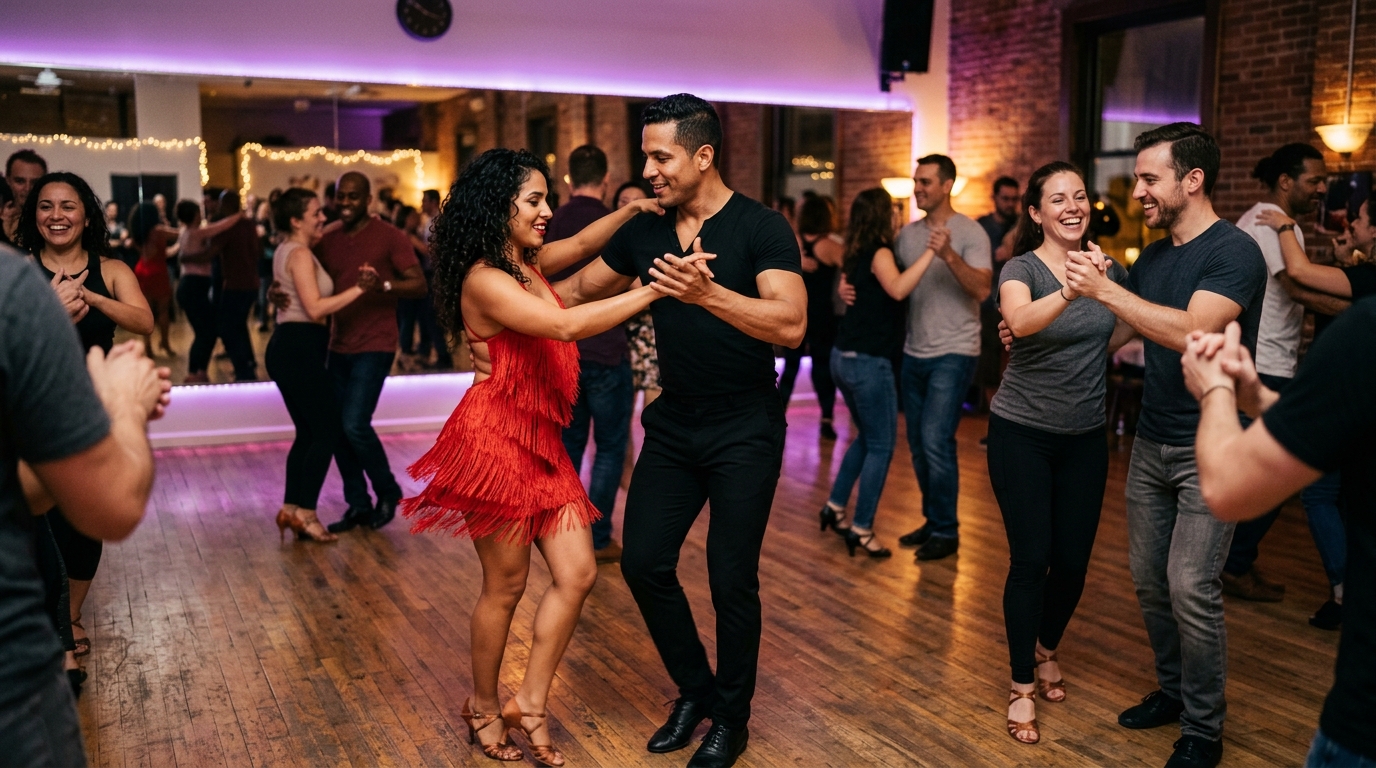 Alumnos en taller de baile aprendiendo con sus profesores